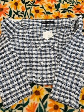 Zara Black and White Check Tweed Cropped Jacket